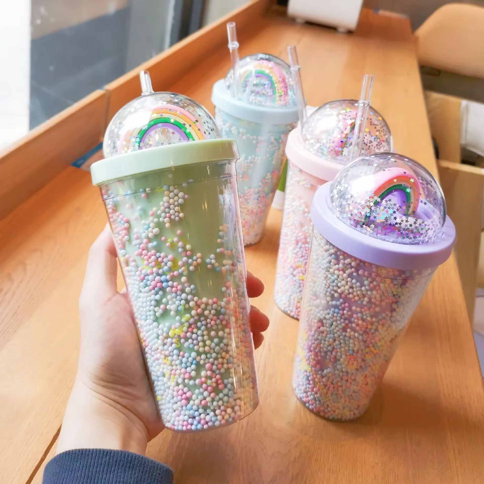 2024 new Reusable Colored Bead Ranibow Water Bottle Girls Plastic Double Wall Tumbler Cup with Lid & Straw