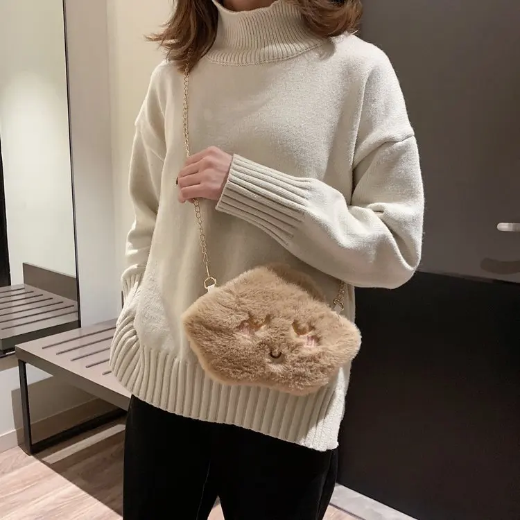 2021 Wholesale Designers Cartoon Plush Girls Chain Cloud Shape Smile Fur Kids Purse Crossbody Bag Mini