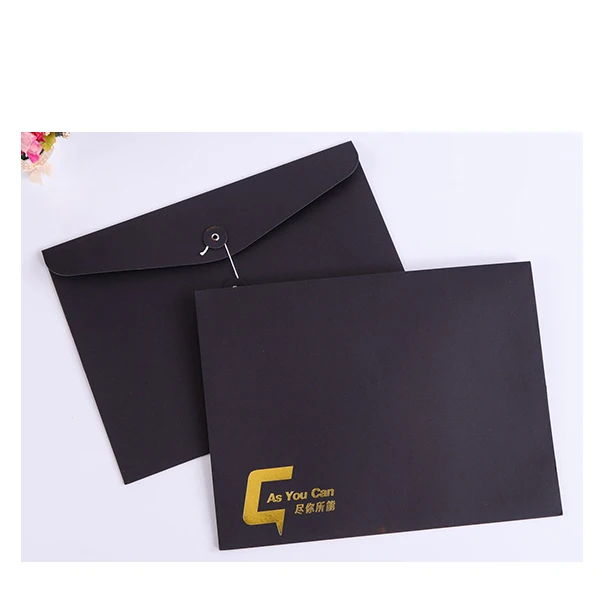 Wholesale Custom Recycled Envelope A4 A5 C5 Black Paper Envelopes With Button and String Gold Foil logo