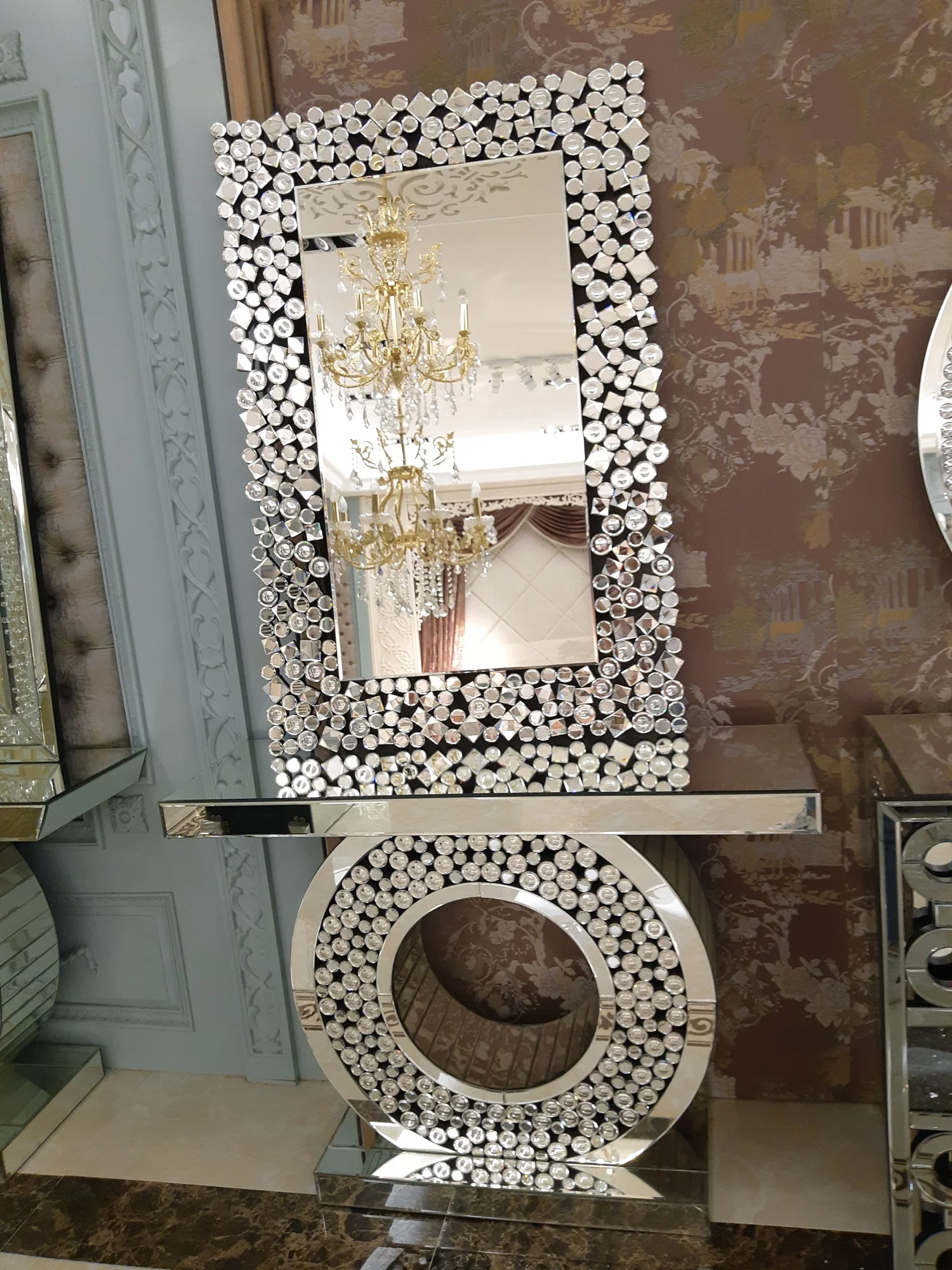 High end wholesale convex oval wall crystal mirror with console table