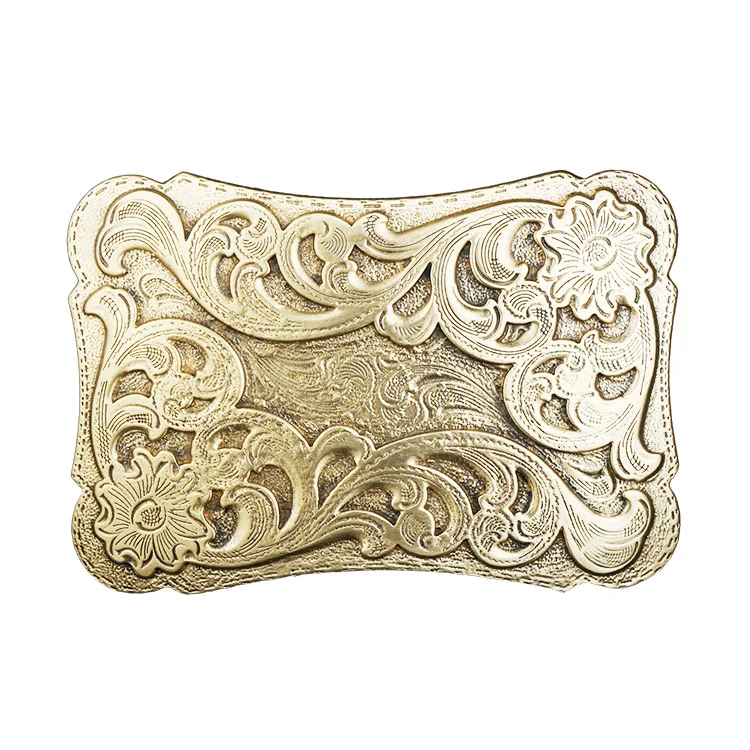 Factory inner width 40mm solid brass customize 3D engrave flower design western name plate belt buckle