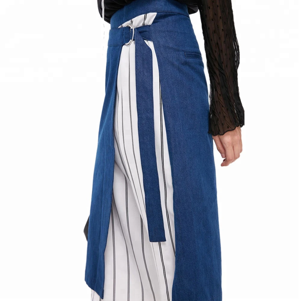 Patching stylish denim blue white women long denim skirts womens pencil skirt