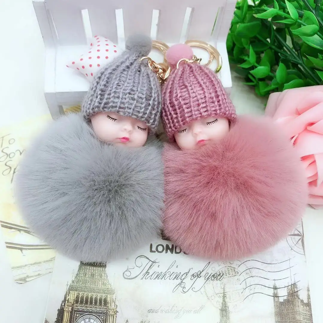 New Sleeping Cute Baby Fur Ball Key Chains Cute Plush Doll Key Chain Sleep Baby Keychain