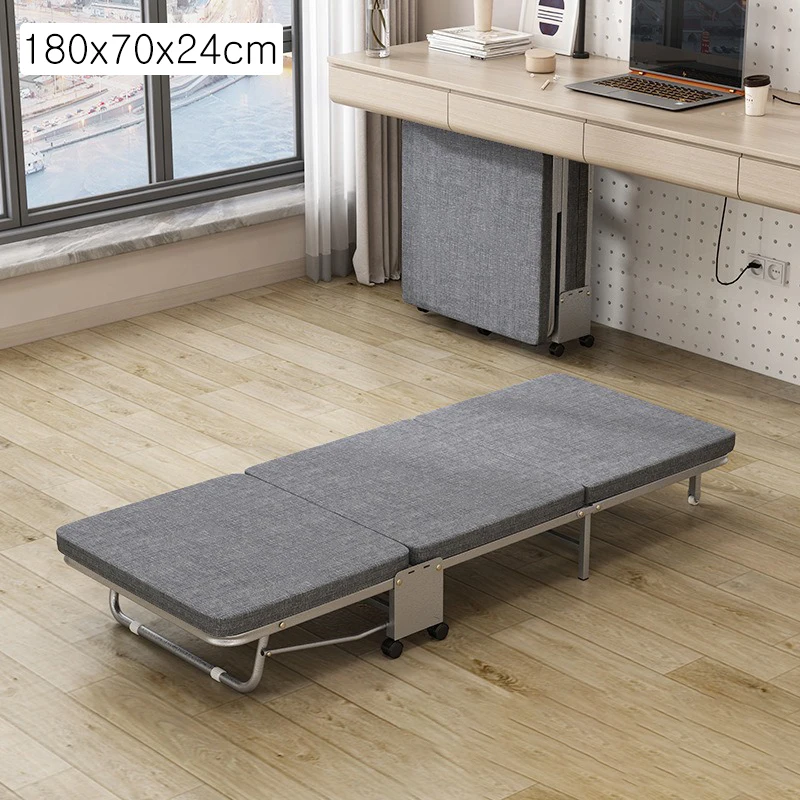 Rollaway Folding Bed with Mattress Portable Camping Cot Guest Bed, Office Movable Nap Sleeper with Wheels Sturdy Metal Frame