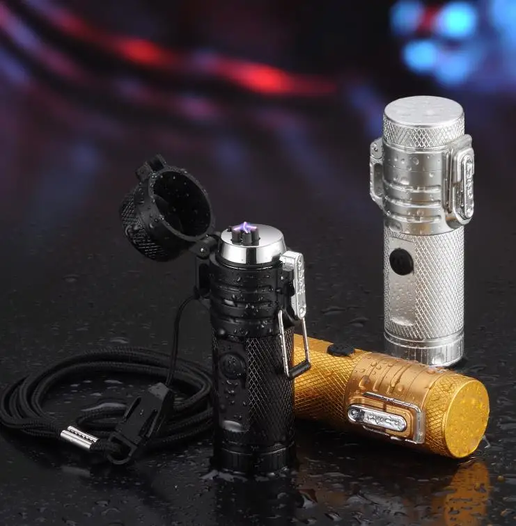 Electric USB Rechargeable Lighter Outdoor Camping Waterproof Windproof Self Glowing Smoking Lighter With Flashlight