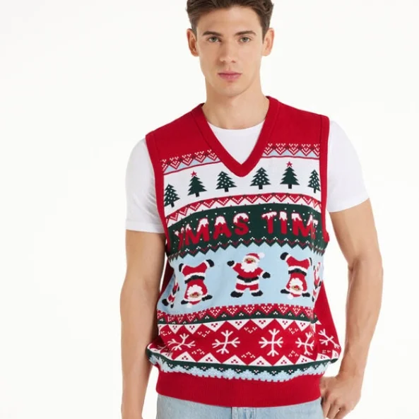 Custom FNJIA Fall Jacquard  Christmas Knitted Men Christmas Holiday Vest Oversize Pullover Jumper Knitwear Sweater