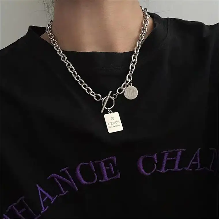 Stainless Steel Rectangle Pendant OT Buckle Chain Hip Hop Bear Pendant Necklace for Men and Women