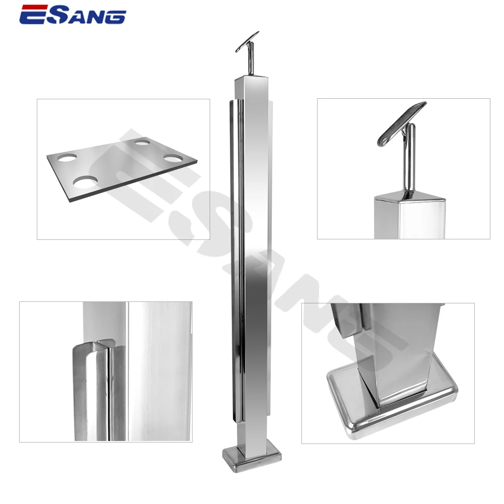 ESANG Modern Terrace Balusters Stair Handrail 50 Square Tube U-Shaped Channel Stainless Steel Glass Railing Post Design