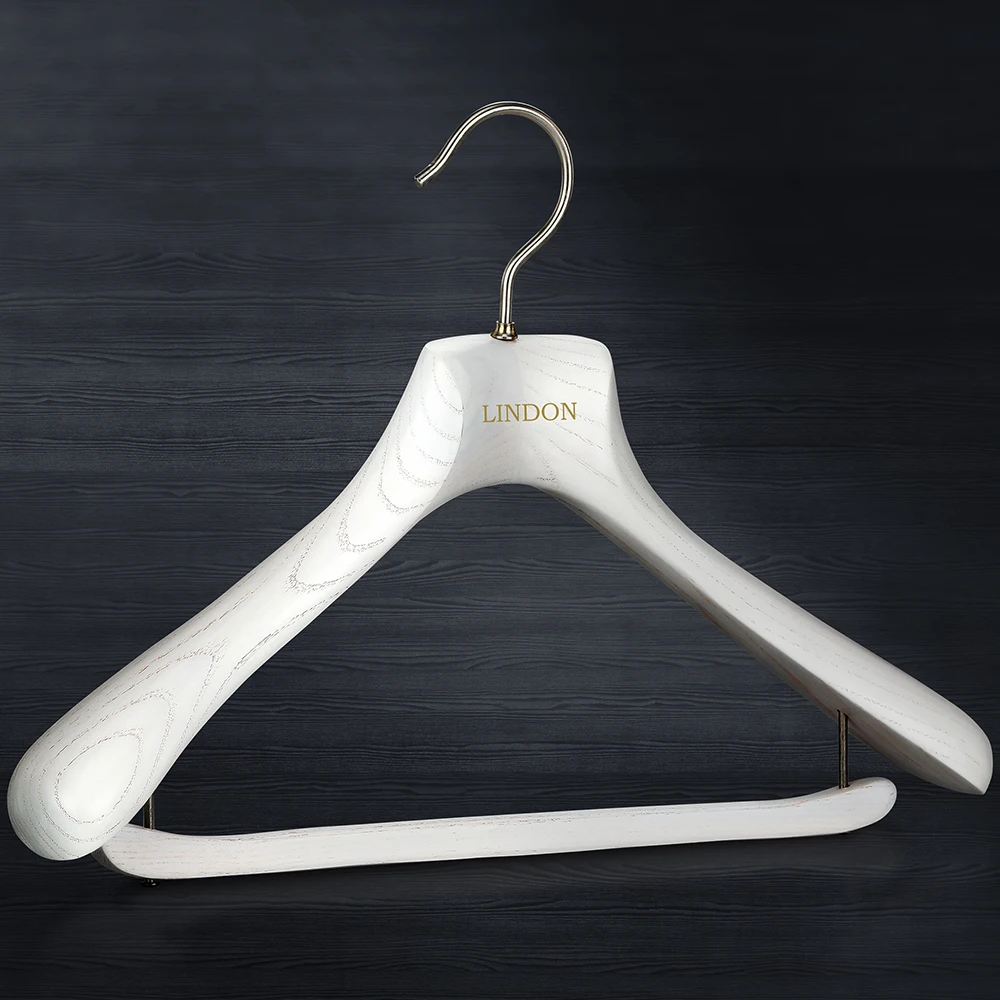 LINDON Heavy Duty Deluxe Water Washed White Custom Luxury Wooden Coat Suit Hanger for Hotel and Clothing Store