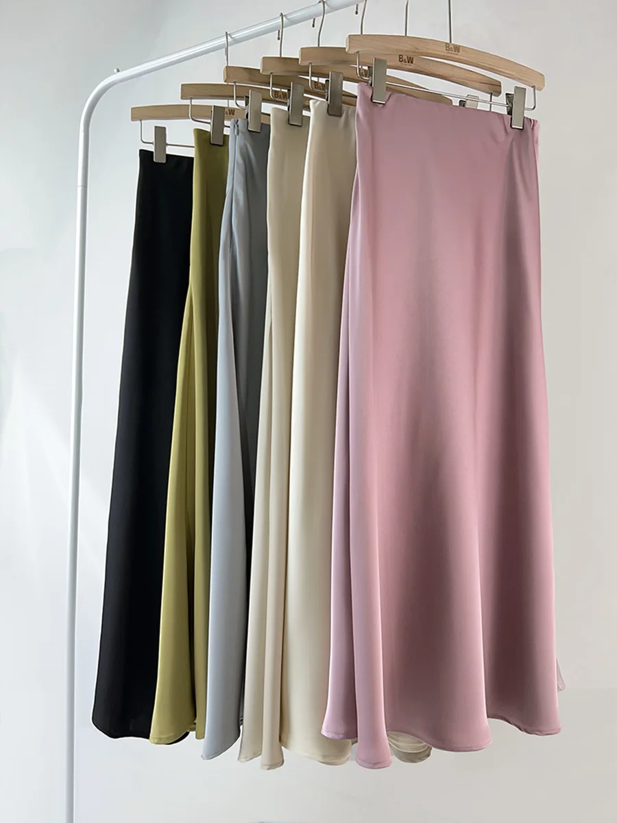 Ladies Streetwear Long Ankle-Length Solid Black Skirt Summer Women Brown Satin Skirts High Waist A-Line Skirt