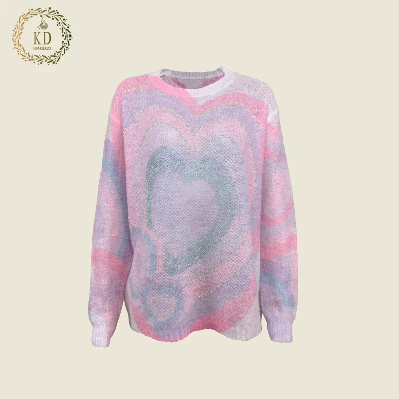 KD Knitwear Manufacturer Custom OEM ODM Knit Printed Hot Diamond Rainbow Gradient Knitted Jumper Sweater