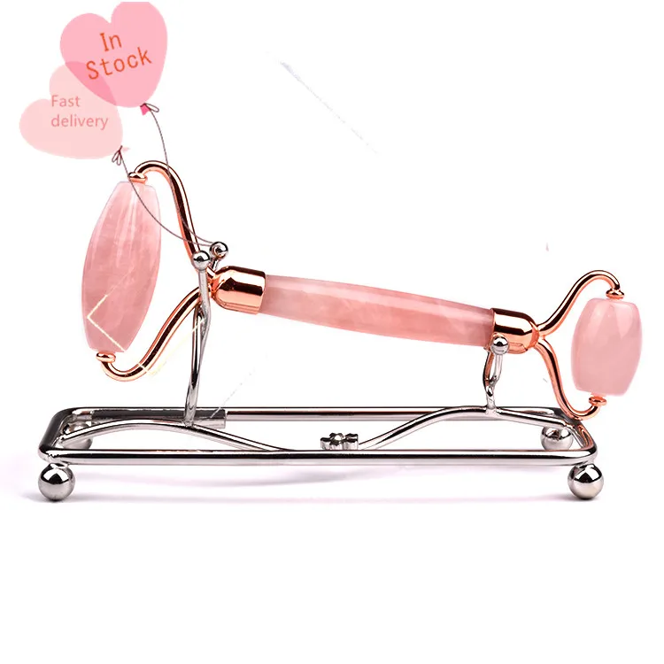 OEM logo Amazon face rose gold frame pink neck massage rose quartz facial roller with resin handle