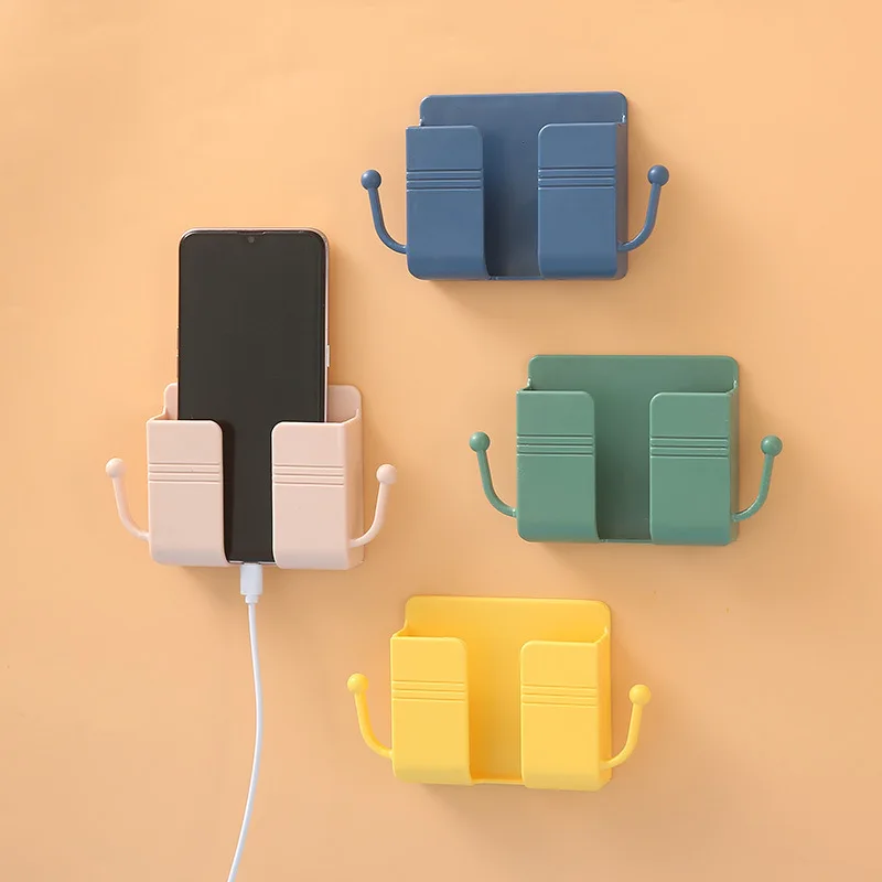 Wall Mounted Mobile Phone Holder with Self Adhesive for Bathroom Bedroom Kitchen Charger Stand Remote Control Storage Box