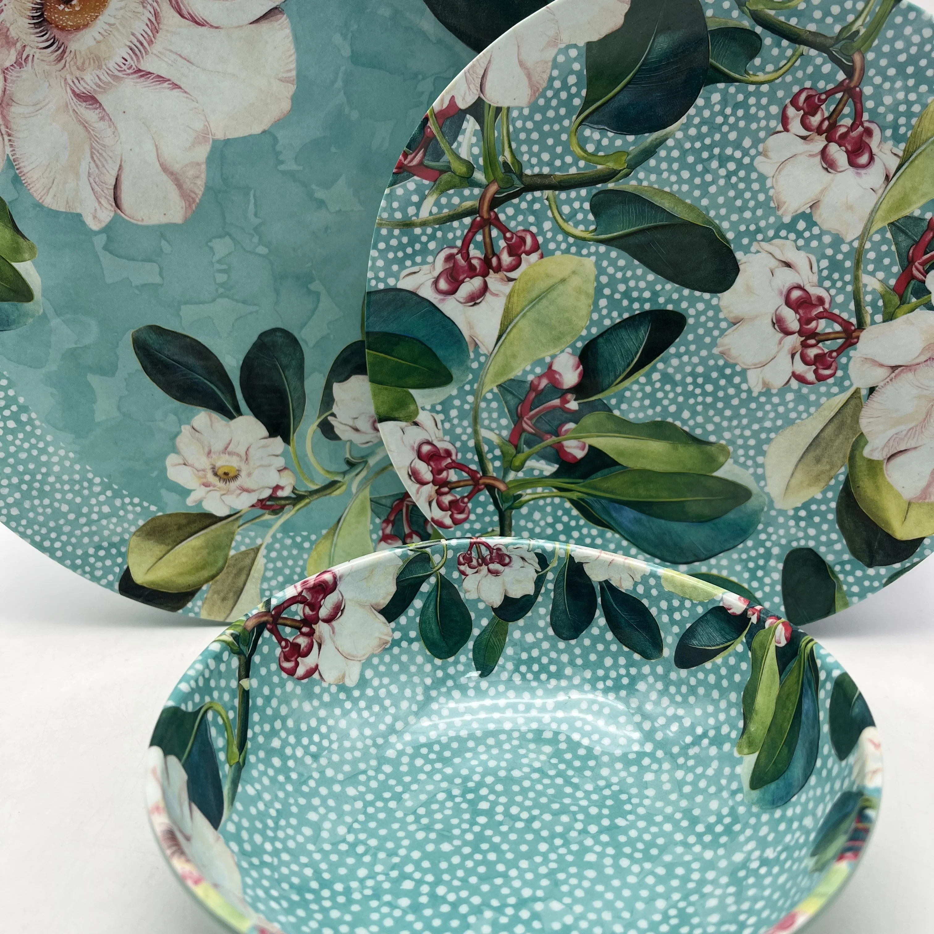 Floral Desgin Melamine Dinnerware Service for 6 Ivory White Floral Pattern Dinner, Soup, Salad Plate, Bowl Set