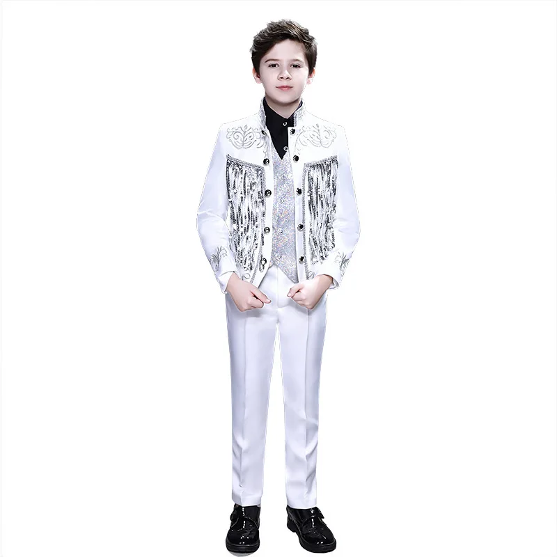 6-16y White Embroidery Elaborate Kids Clothing Children Wear Plus Size Men Suit Host Piano Performance Flower Boys Tuxido Blazer