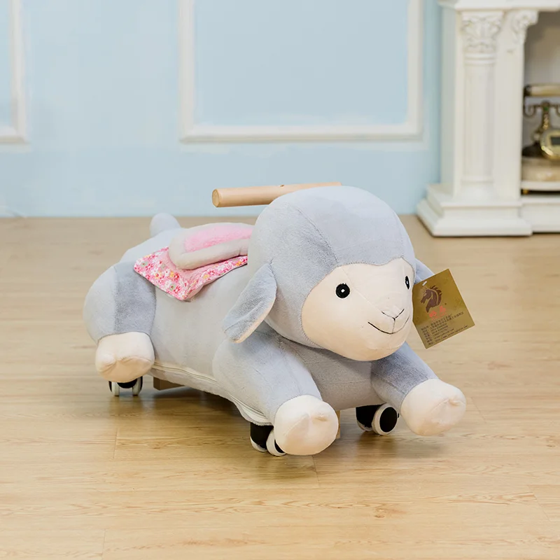Material Cartoon Stuffed Animal Riding Cow Dog Toy On Wheel Plush Soft Baby Toddler Rocking Cartoon Sliding Ride On Toy