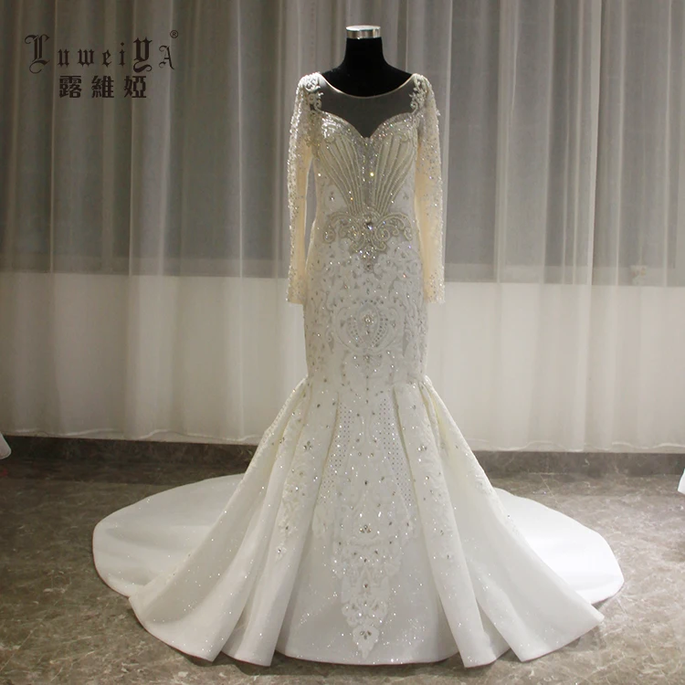 LUWEIYA New Dresses Luxurious Beaded Bride Gowns Long Sleeve Mermaid Wedding Dress Bridal Gowns With Long Train
