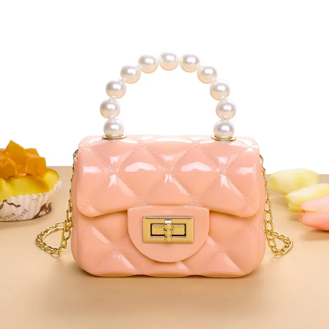 
KS4118 Multi colors kids pvc mini bag wholesale pearl handle girls kid jelly bag 