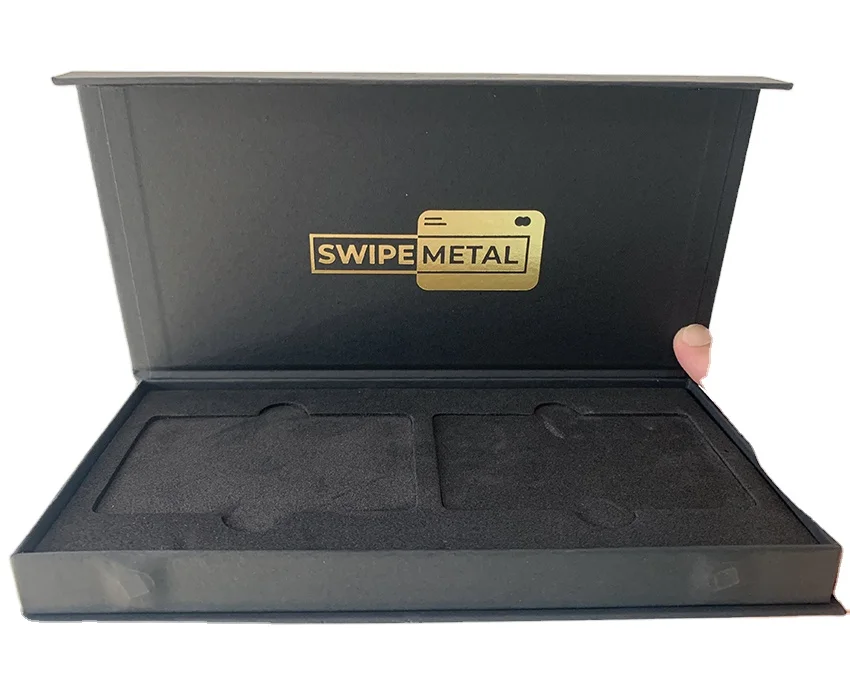 luxury black kraft paper box package with EVA holder and magnetic button for gift card / metal credit card