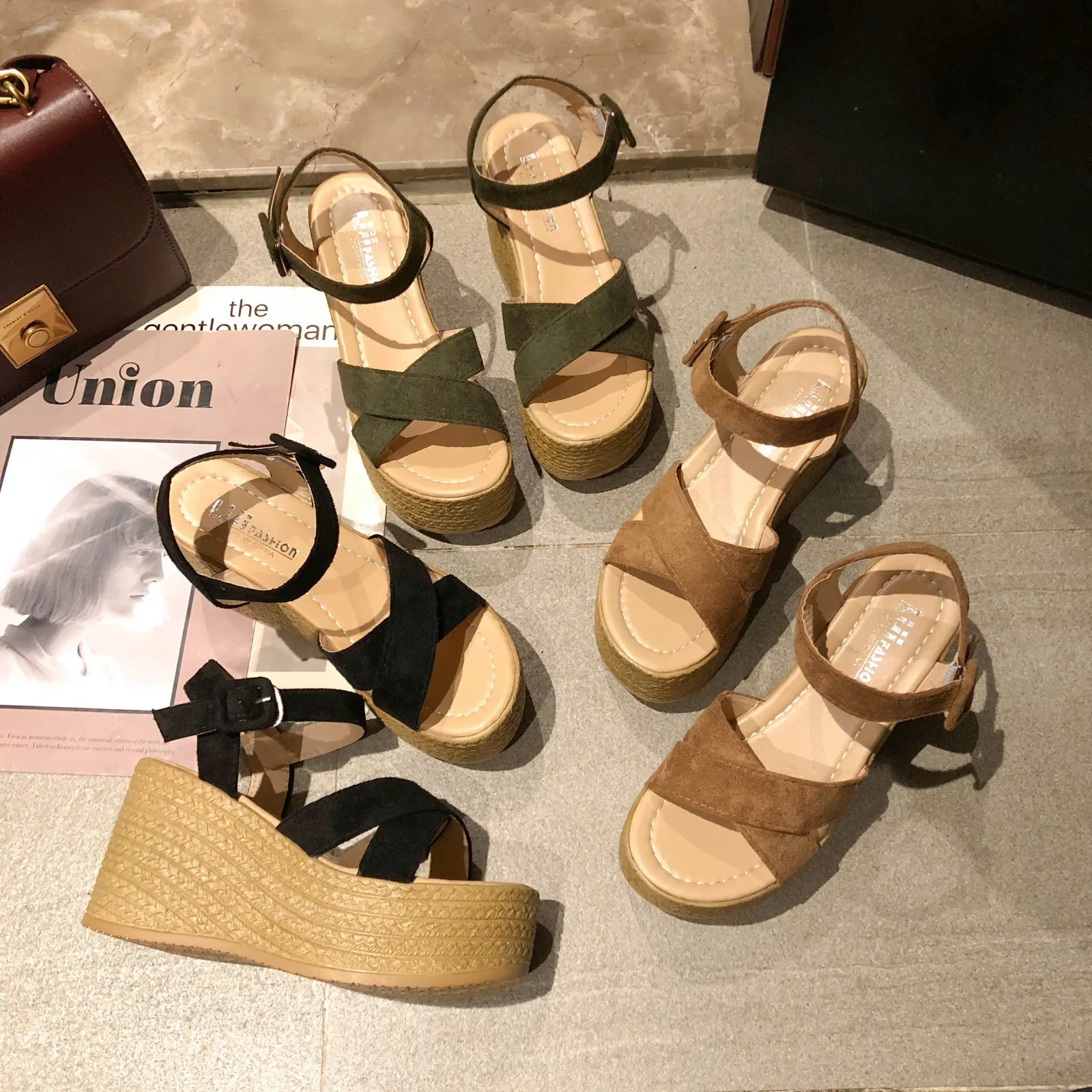 Exquisite Handmade Espadrille Shoes for Women Suede Leather Cross Strap Wedge Sandals