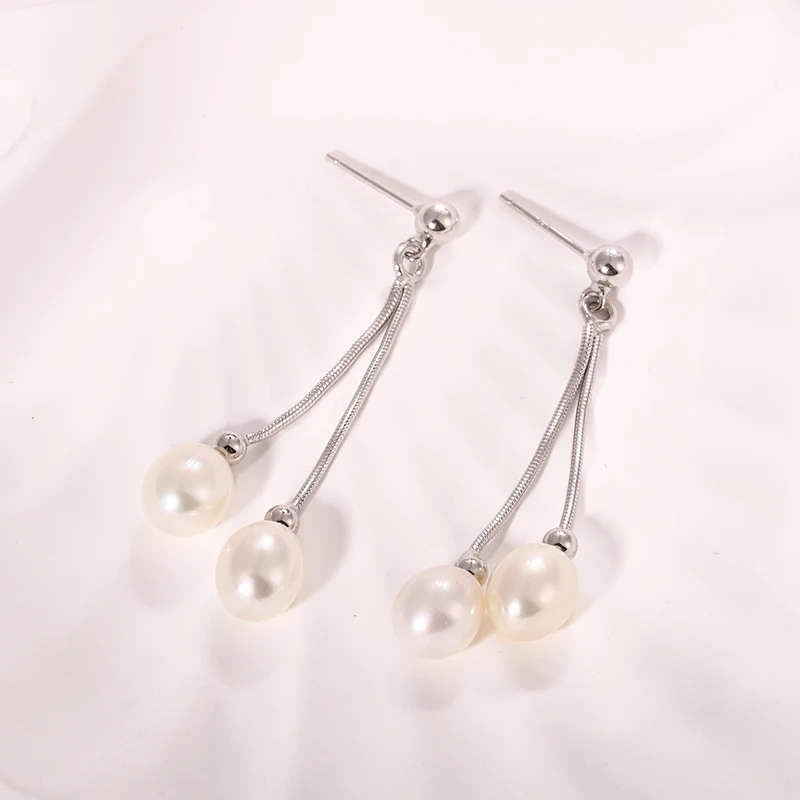 Wholesale Earrings Jewelry Double Headed S925 Sterling Silver 7-7.5mm Long Tassel Pearl Stud Earrings Minimalist Pearl Earrings