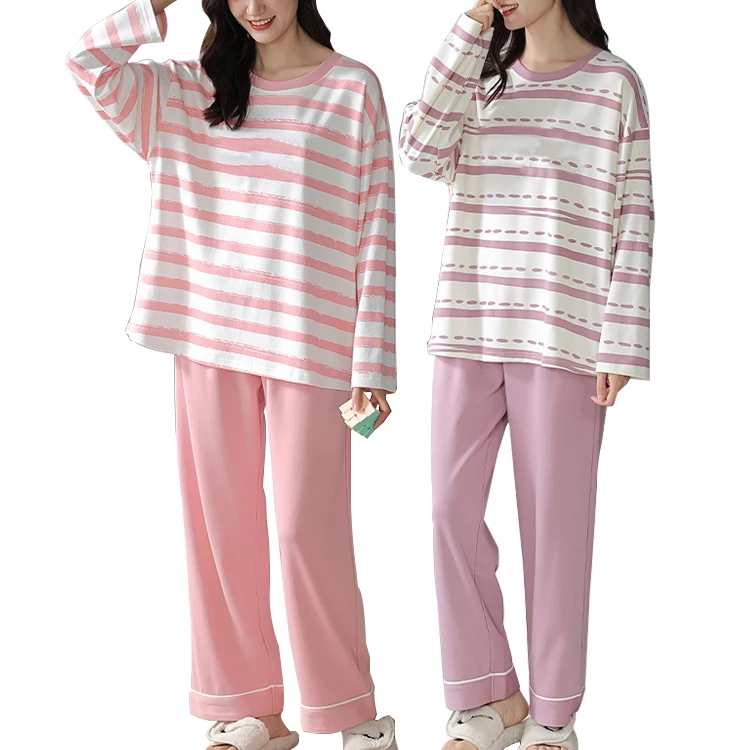 Custom Autumn Spring Lady Sleepwear Comfortable Long Sleeve Loungewear Girl  Home Clothes Soft Cotton  Women Pajamas Set
