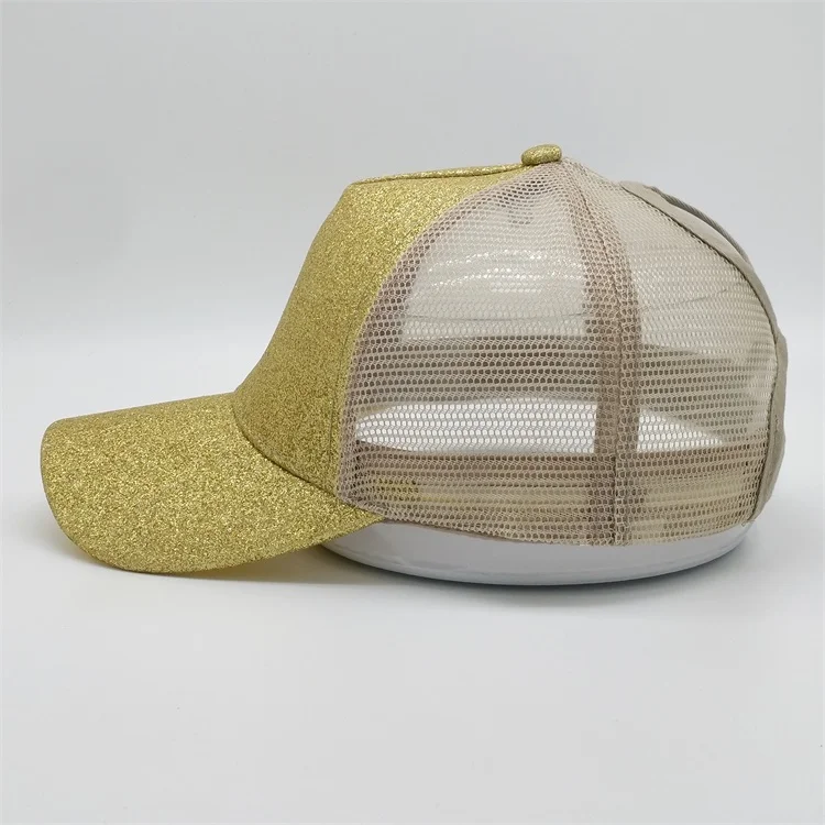 Fashion Custom Blank Performance Bling 5 Panel Ponytail Baseball Cap Mesh Gold Sequin Trucker Hat For Woman