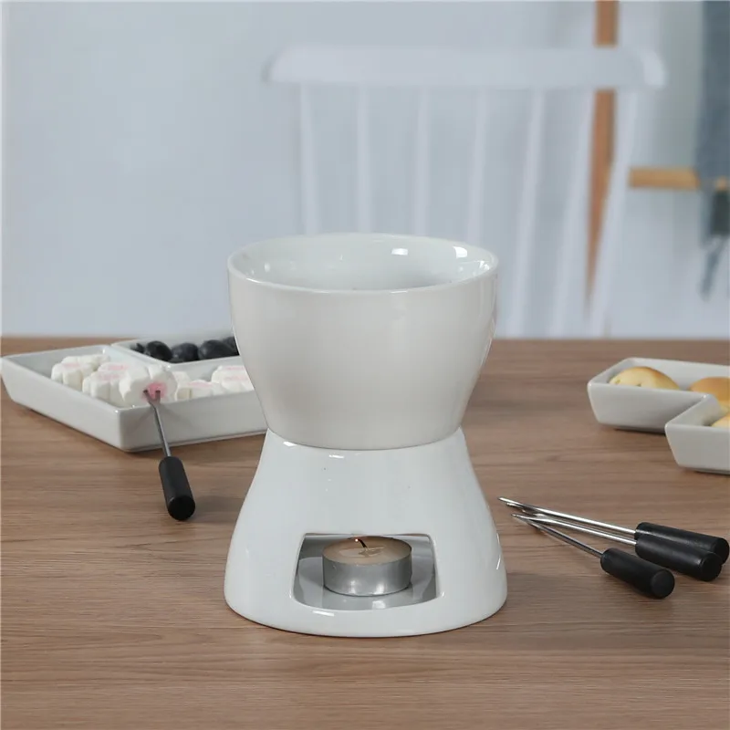 Amazon Hot Selling Cheese Chocolate Fondue Set Ceramic Bowl and Candle Cup and 1 Fork