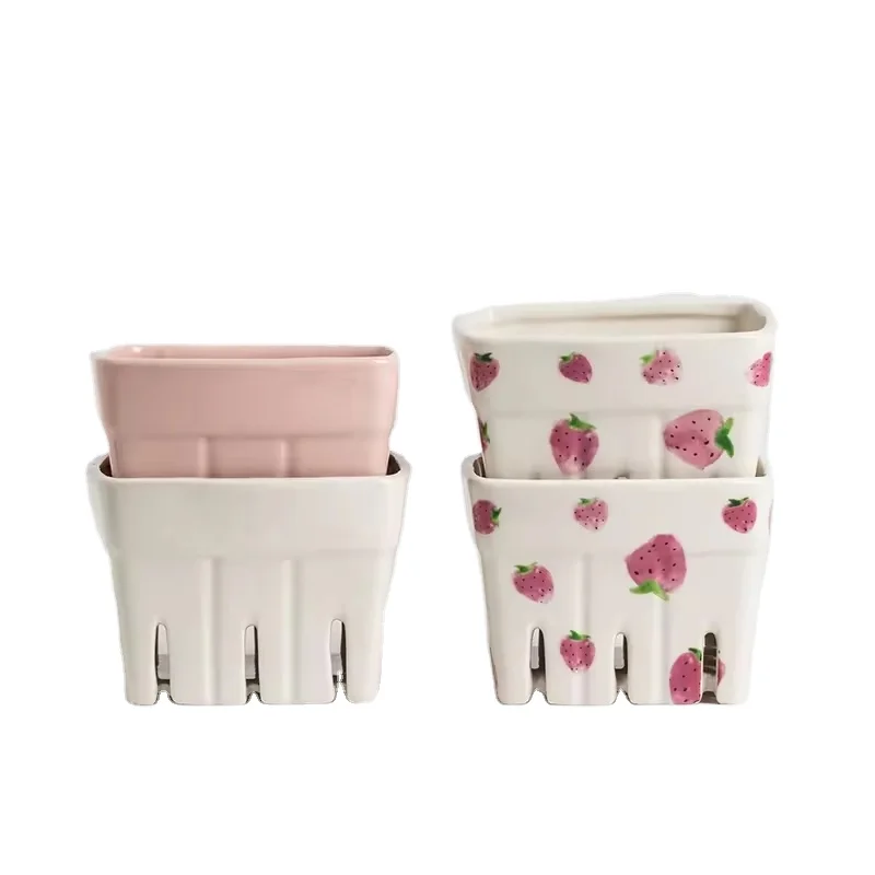 Customized Color Printed Strawberry Design Square Ceramic Berry Basket