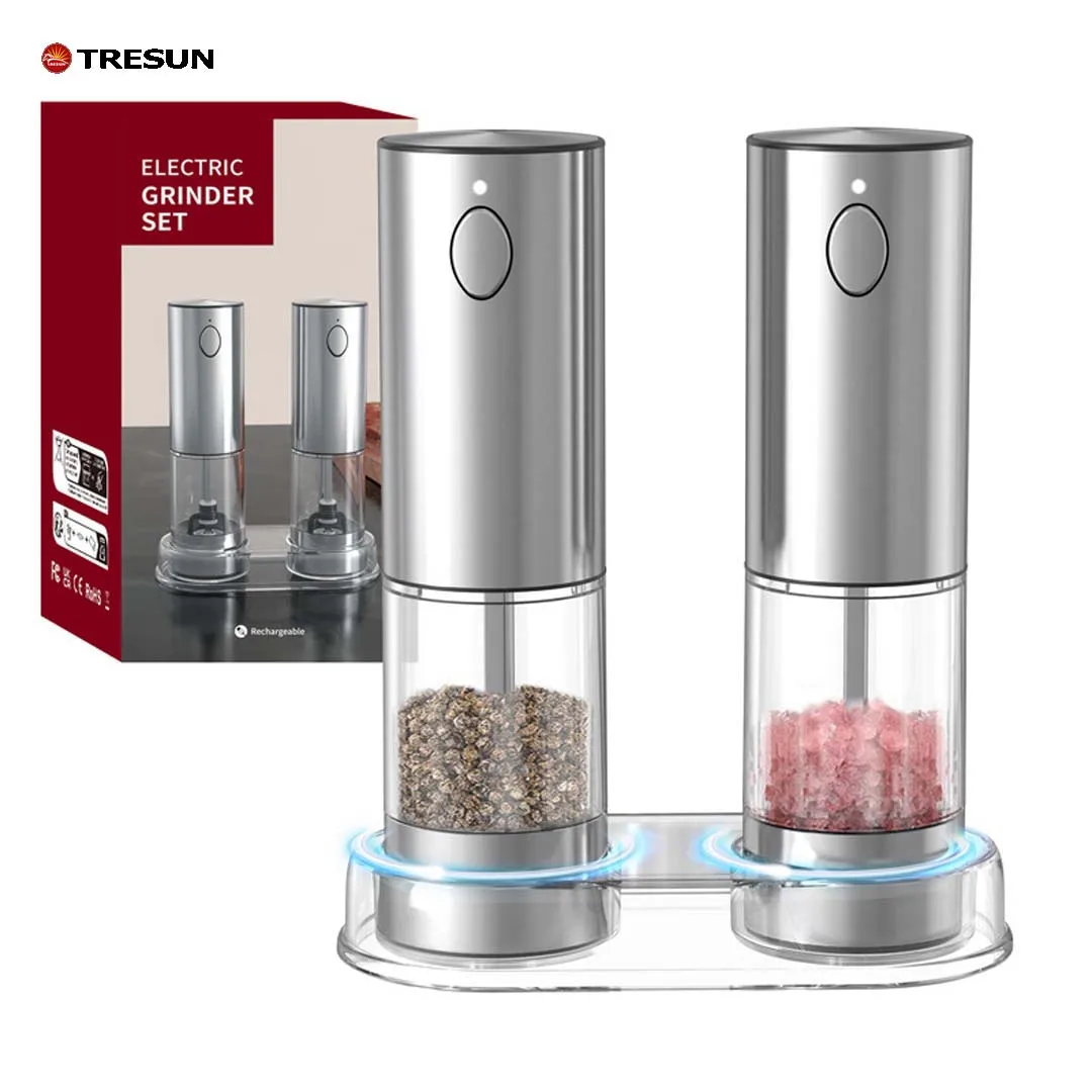 stainless steel adjustable coarseness automatic USB electric spice pepper and salt grinder set of 2 with charging station