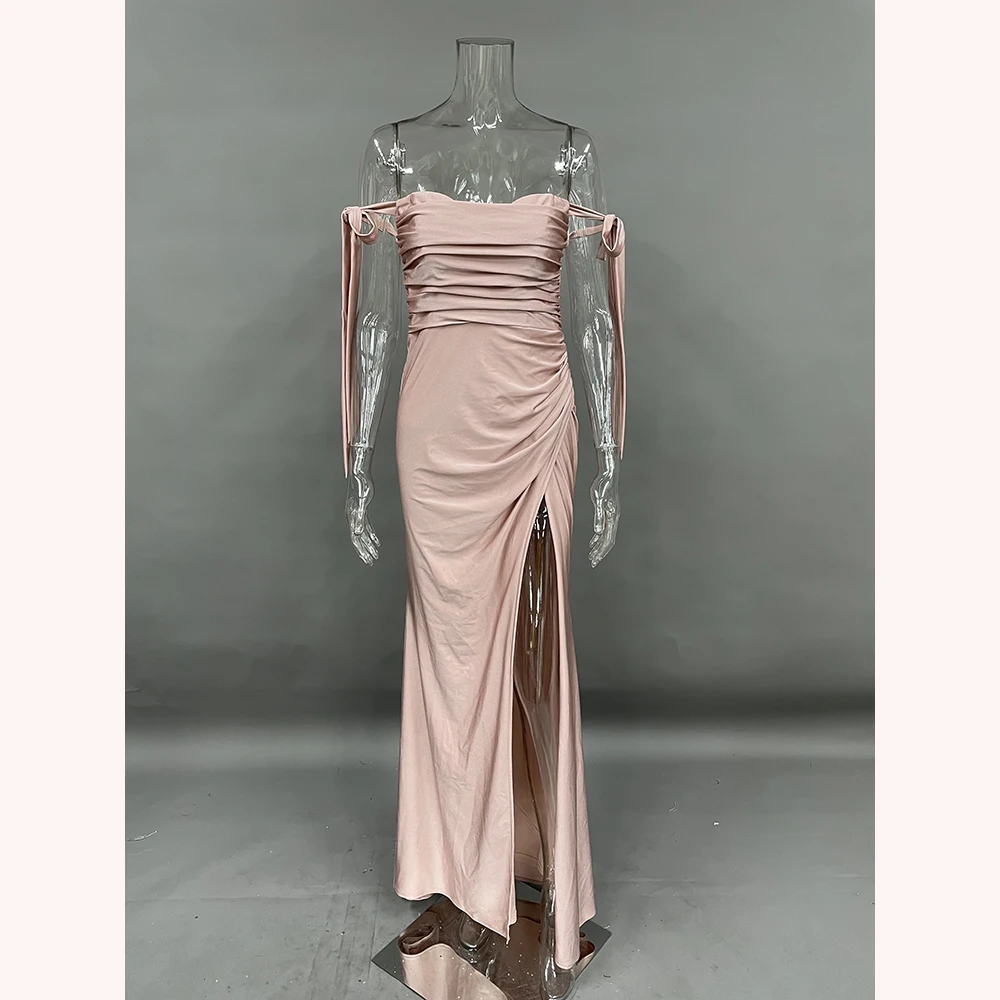 High-quality off shoulder pleated high slit sexy party modest satin luxury elegant prom evening dress