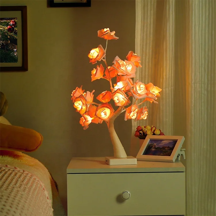 Table Lamp Rose Flower Desk Tree Lamp with 24 Warm White LED Lights for Wedding Christmas Living Room Bedroom Party