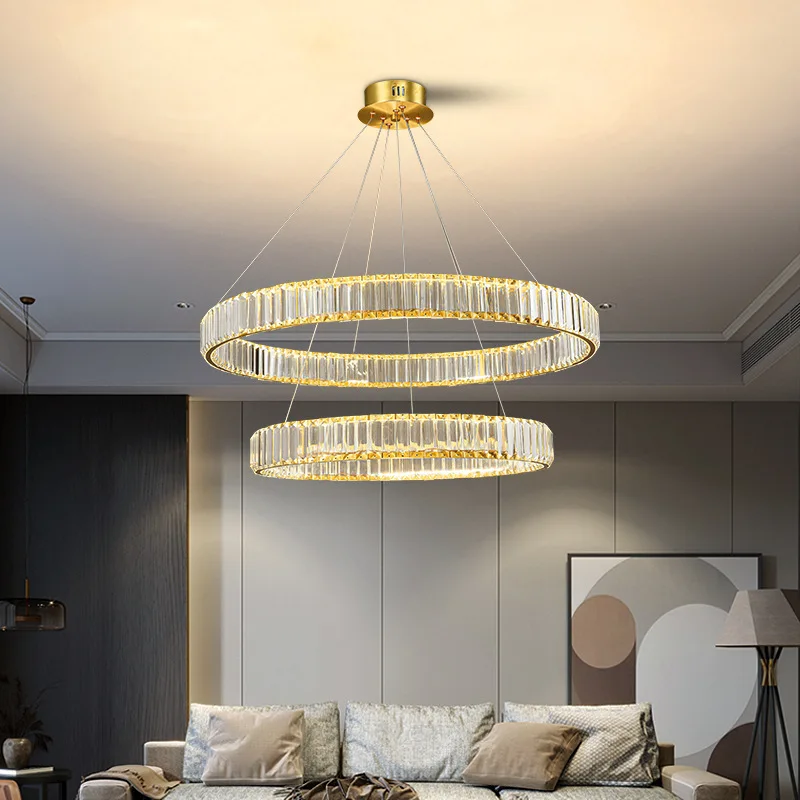 Modern LED Pendant Lamp for Living Room Crystal Hanging Lamp Circle Ring Suspended Chandelier Hotel Lobby Villa Stair Home Use