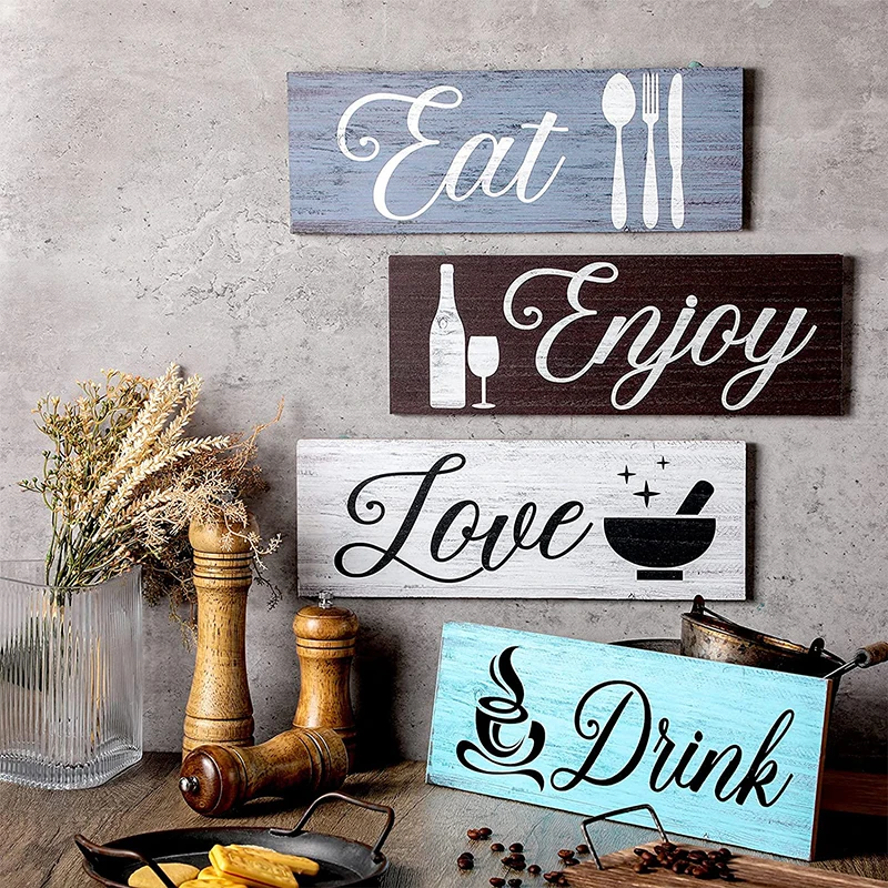 4 Pieces Vintage Rustic Wall Mount Wooden Sign For Home Dining Living Room Restaurant