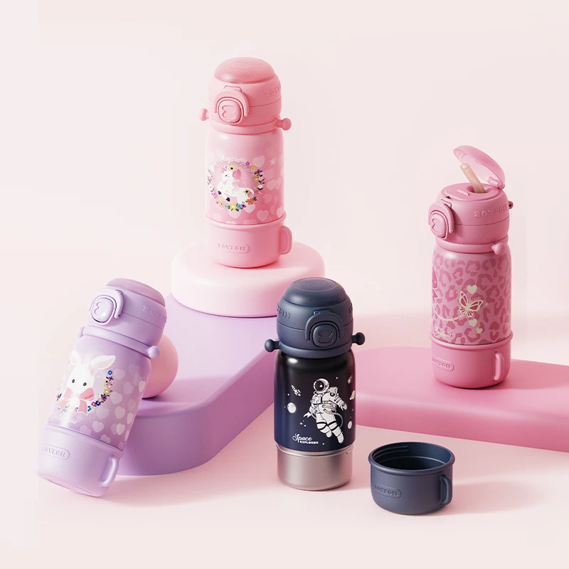 ZOYZOII Kids Cute Thermal Water Bottle Leak Proof 450 ml Stainless Steel Kids Drink Thermo Bottle For School