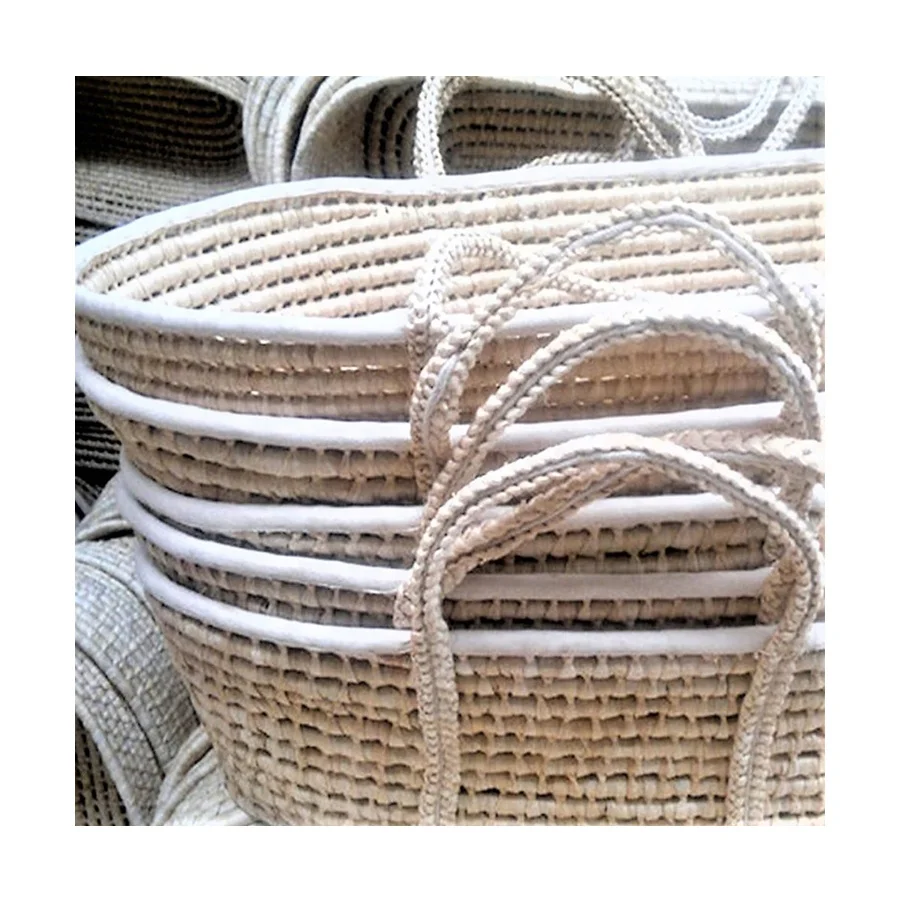 oval bleached white corn husk baby moses carrier basket, baby cradle with fabric cover, simple infant straw maize carrier