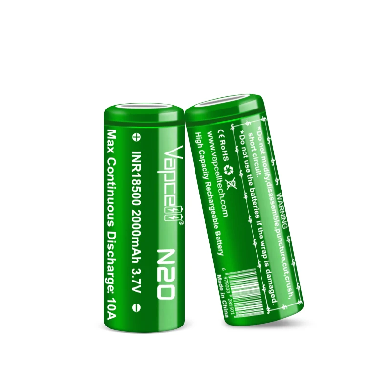 new Vapcell N20 18500 2000mah 10A high capacity and high drain lithium ion battery rechargeable cells for flashlight camera
