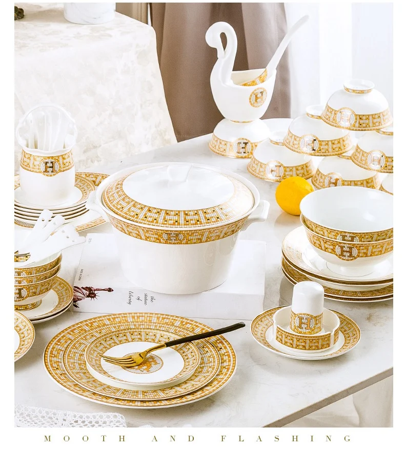 Wholesale Jingdezhen 60 Pcs Western Style Golden Mosaic Bone China Tableware Set