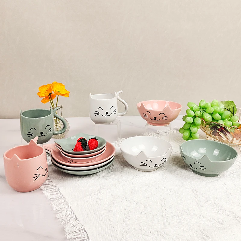 24 Piece Sample Available Cute Cats Children/kids Ceramic Dinnerware Sets Plates Dishes Bowls with Mug Dinner Set