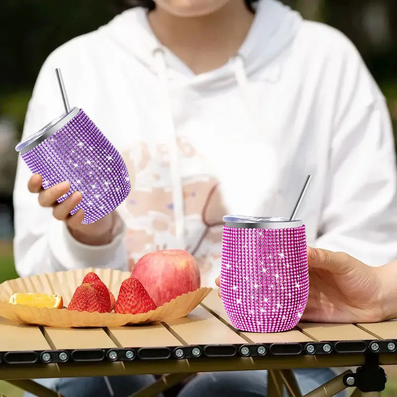 2024 Hot Sale Double Layer Stainless Steel Straw With Diamond Inlaid Tourism Vacuum Insulation Cup