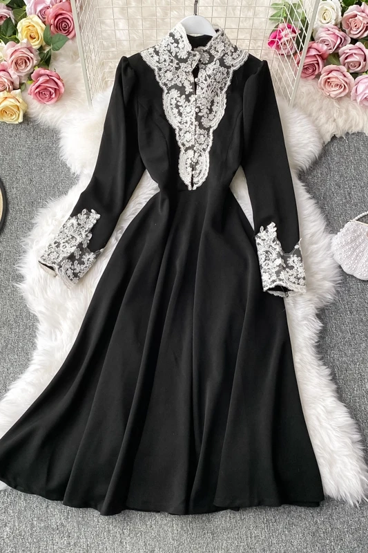 Autumn and winter clothes new Hepburn style long skirt western evening dress French dress