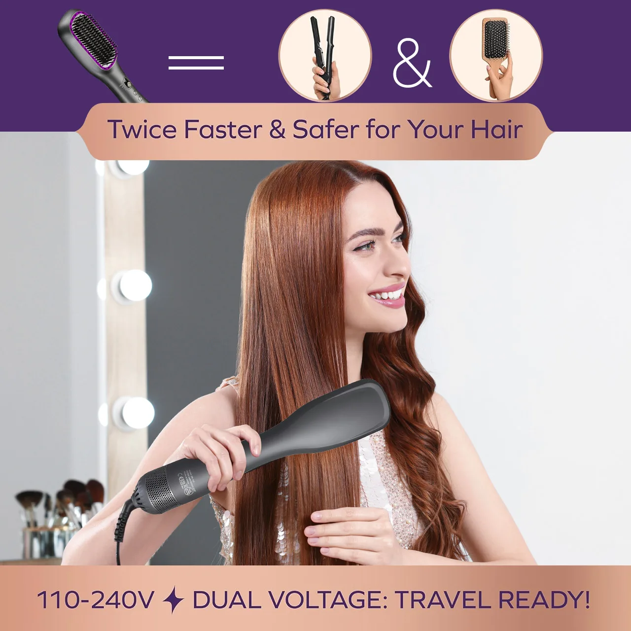 Hatteker Professional Portable Negative Ionic Hair Straightener Brush Electric Hair Brush