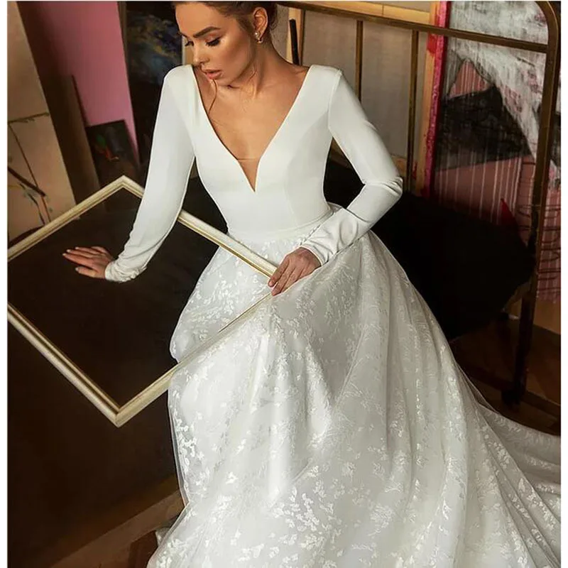 Luxury long sleeves elegant farewell evening dress white backless lace wedding dresses