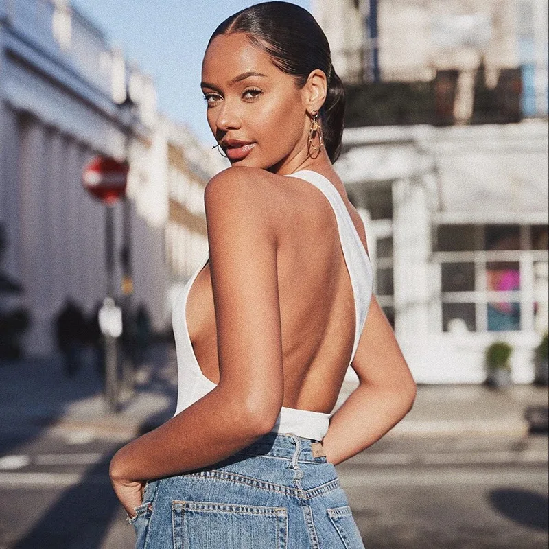 2021 Trend Sexy Elegant Skinny Leotard Tops Backless Jumpsuit White One Sleeve Bodysuit For Women