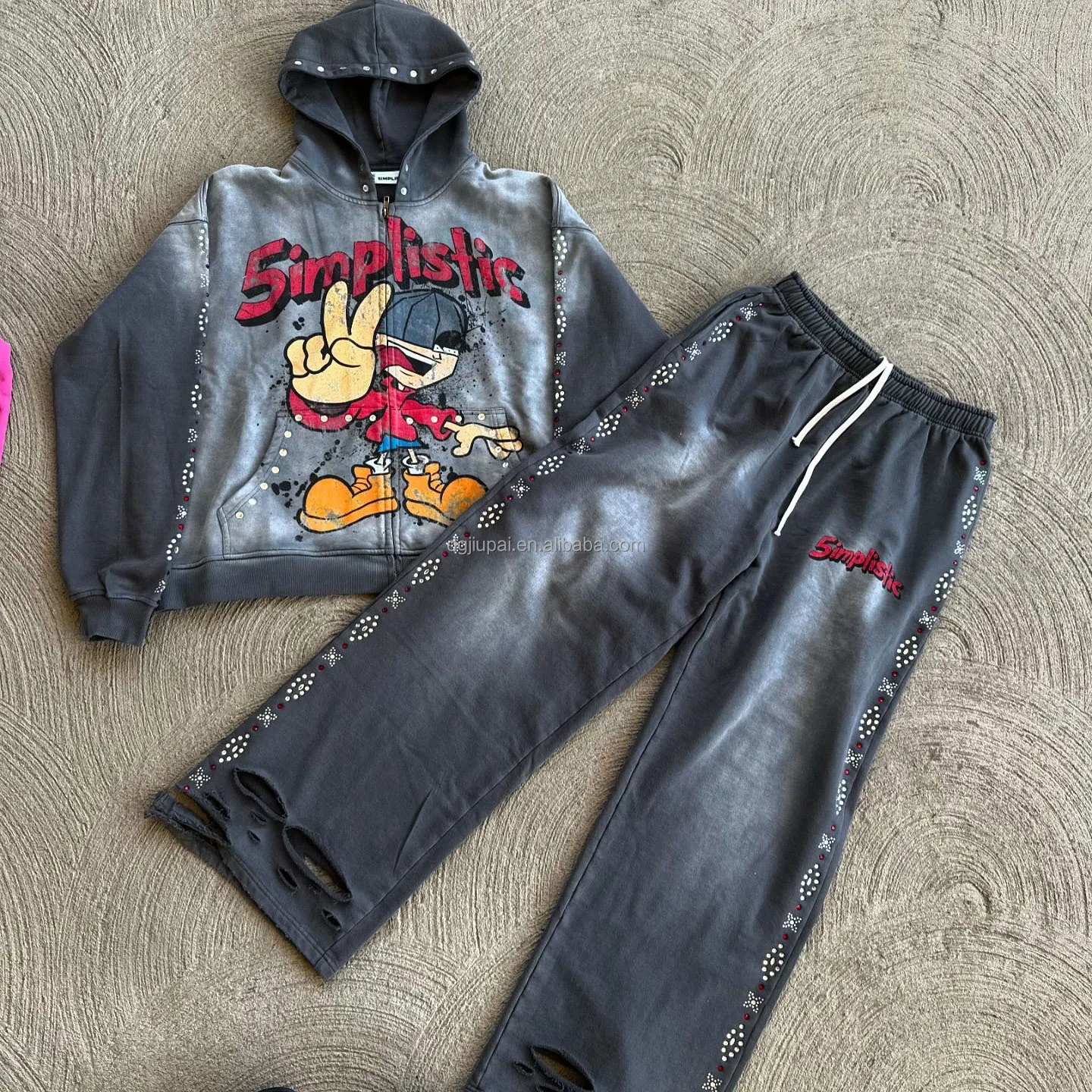Custom Manufacturer Streetwear Rhinestone Zip up Hoodie Sweat Pants Set Acid Wash Man Tracksuit Sun Faded Men Sweatsuit