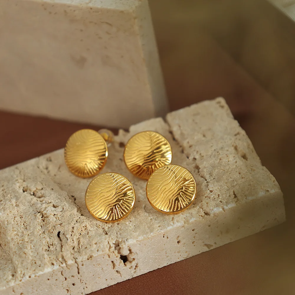 France Style High Quality Real Gold Plated Stainless Steel Irregular Pattern Round Disc Stud Earrings For Women