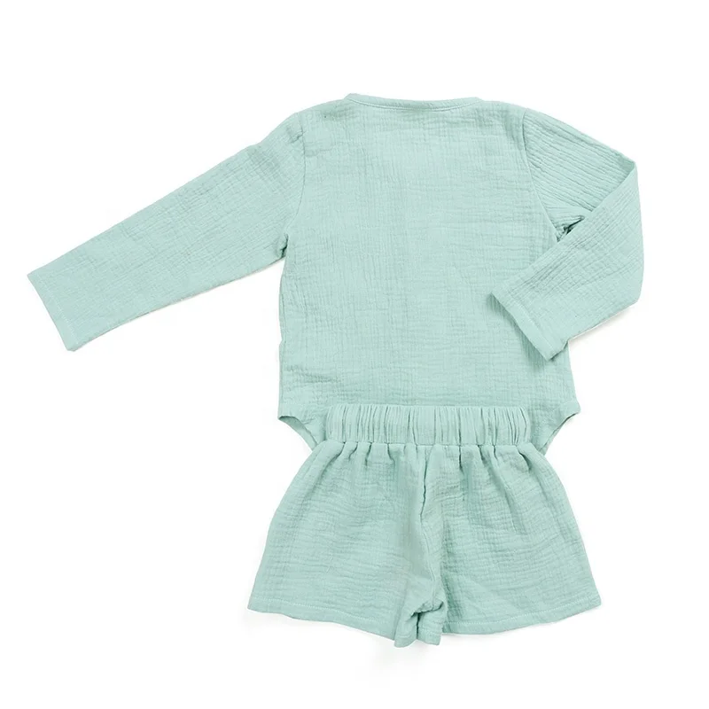 Kids clothing baby clothes long sleeves wood buttons top draw string shortie sold mint woven organic cotton muslin baby sets