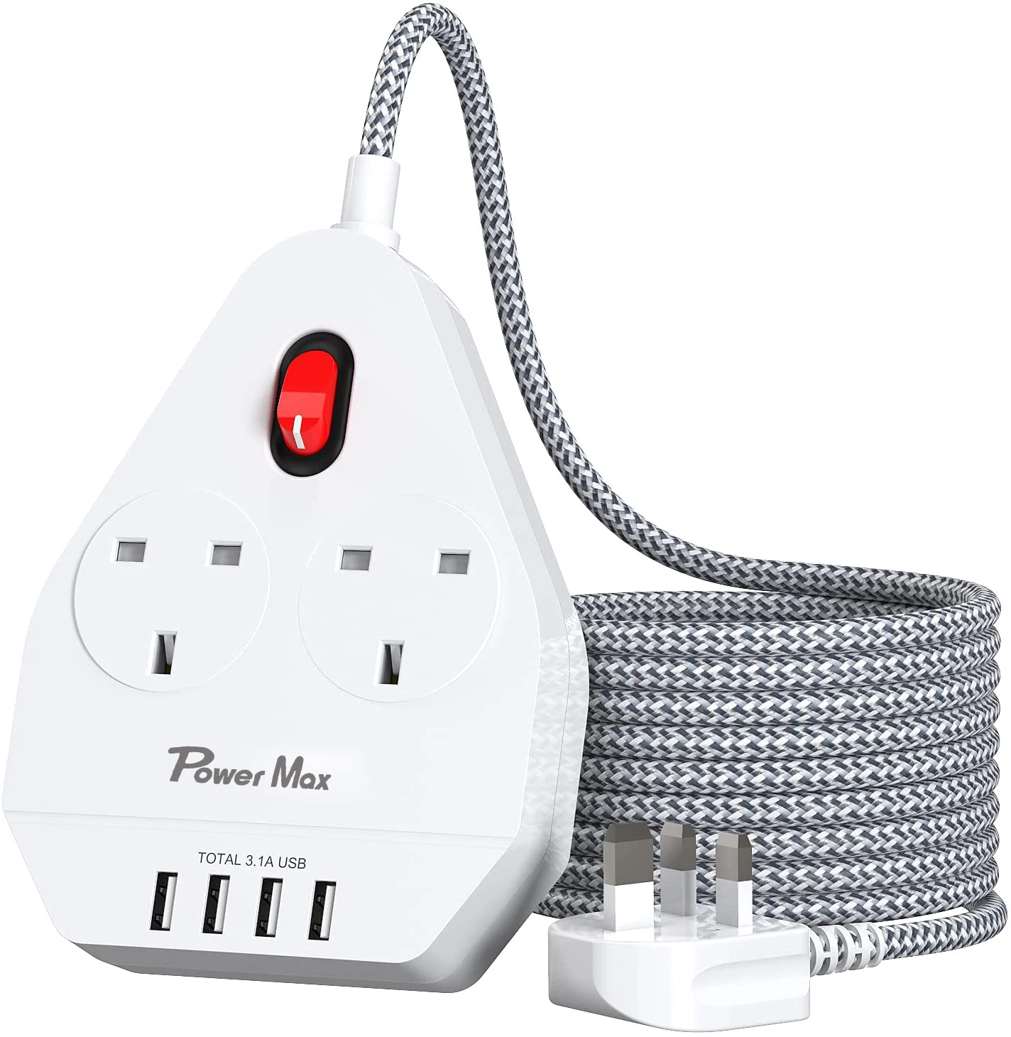Extension Lead UK Pin Plug and Cable, 2 Gang Way 2m Power Adapter, Multi Socket Mains Strip White