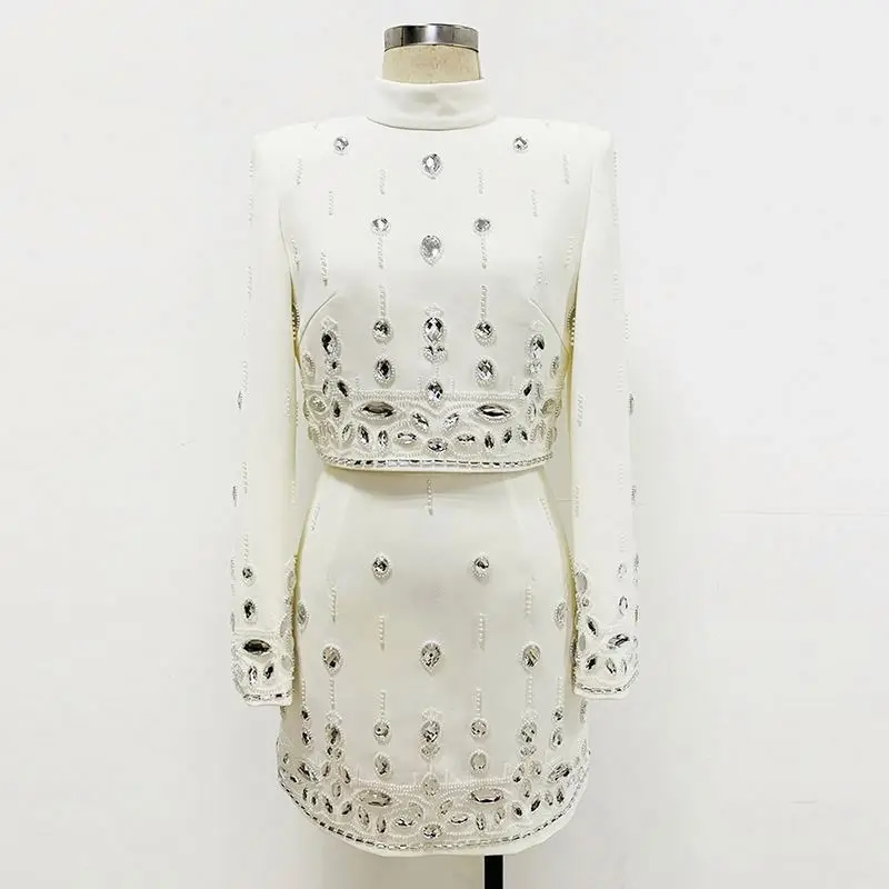 Bettergirl 2024  New Heavy Industry Beads Diamond Inlaid Short Top Mid-Length Dress Two-Piece Set