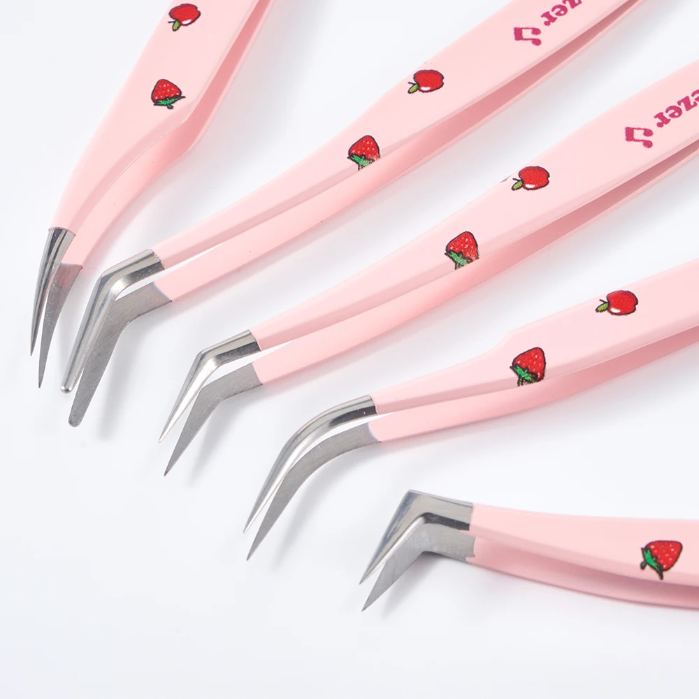 Pink Fiber Tip Tweezers Stainless Steel Volume Diy Lash Extension Tweezer Eyelash Tweezer Set With Fiber Grip